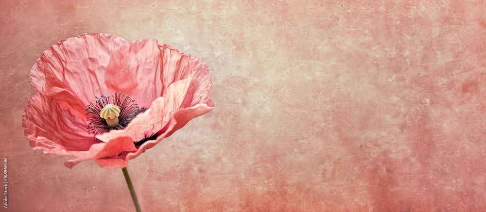 Poster textured vintage paper background featuring a pink poppy flower. with copy space image. Place for adding text or design