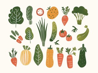 Set of various vegetables simple illustration. AI generated