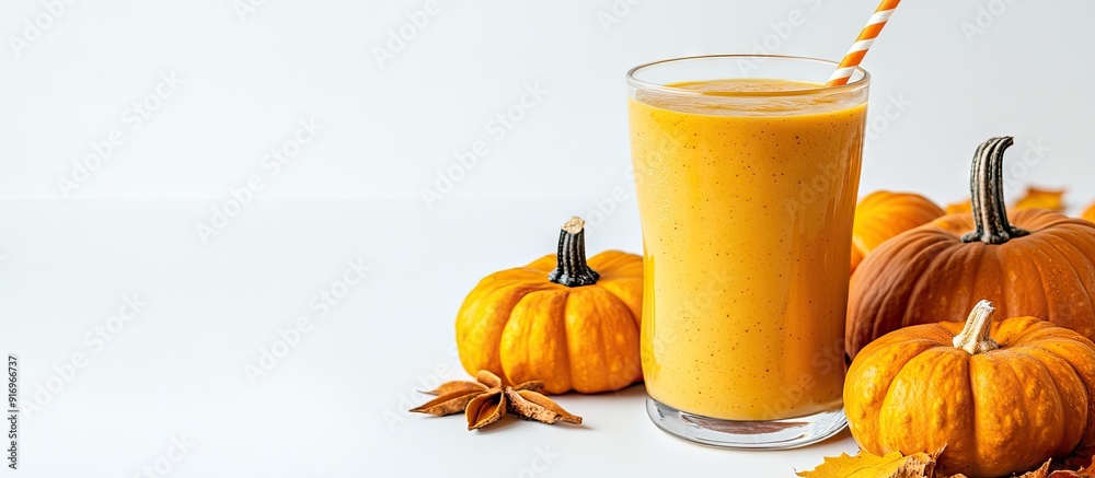 Aufkleber Close up of a healthy pumpkin spice smoothie alongside pumpkins on a white background. with copy space image. Place for adding text or design