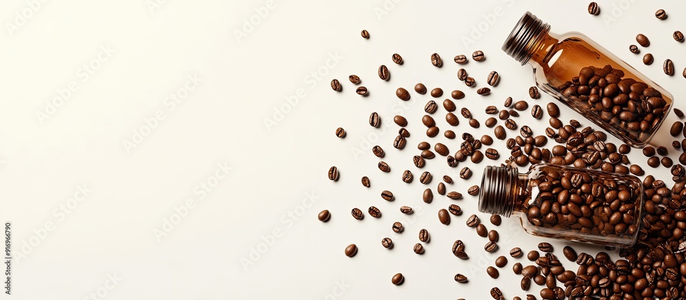 Fototapete coffee beans spilling out of bottles. with copy space image. place for adding text or design