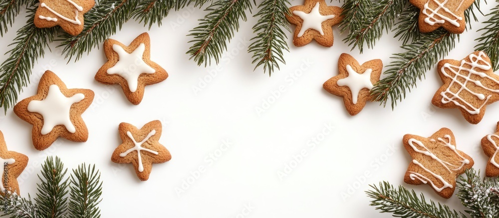 Aufkleber Frame crafted from fir branches and Christmas cookies on a white background. with copy space image. Place for adding text or design
