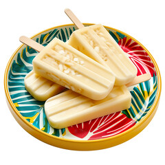 Front view of mouth-watering Cuban Arroz con Leche Popsicles on a colorful tropical platter, isolated on a white transparent background