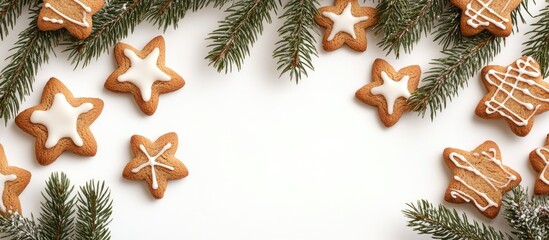 Frame crafted from fir branches and Christmas cookies on a white background. with copy space image. Place for adding text or design