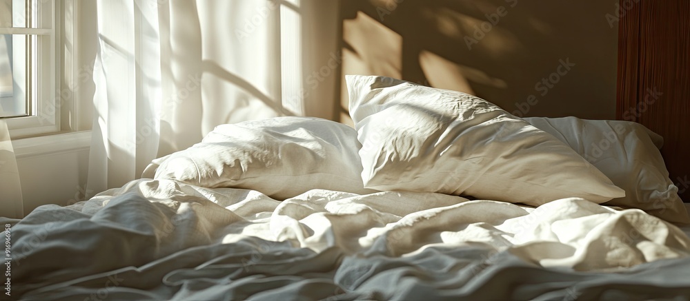 Poster unmade bed white pillow with a blanket on it represents relaxation after the morning illuminated by 