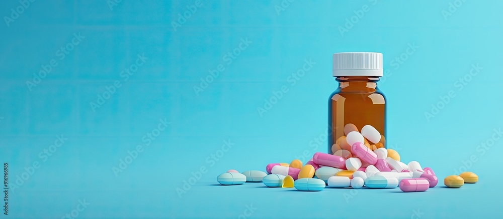 Poster pills tablets and a bottle on a blue background copy space for text