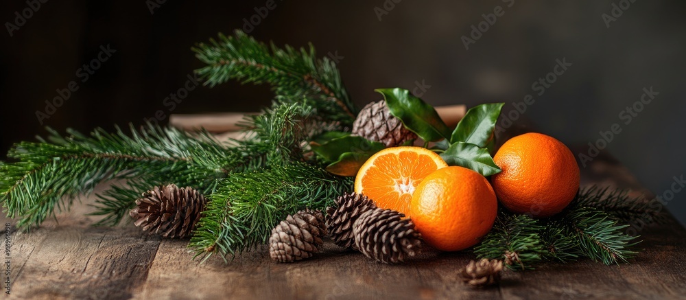 Poster on the table sits a bouquet of fir branches with cones tangerines and christmas tree decorations cra