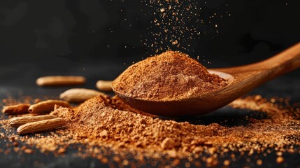 Rustic Wooden Spoon Spilling Aromatic Nutmeg Powder on Black Background
