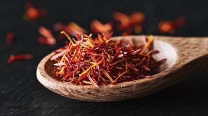 Vibrant Saffron Threads Spilling from Wooden Spoon on Dark Background