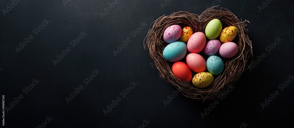 Poster Easter eggs in a heart shaped nest on a black background. with copy space image. Place for adding text or design