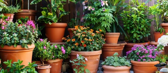 Plants placed in pots to enhance the beauty of the garden in the yard. with copy space image. Place for adding text or design