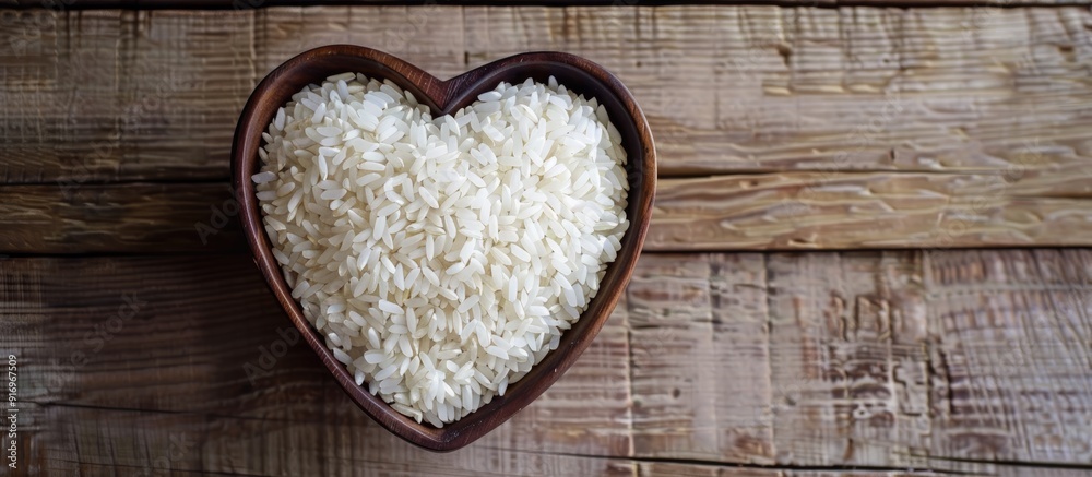 Poster White rice in a heart shaped container on a wooden table. with copy space image. Place for adding text or design