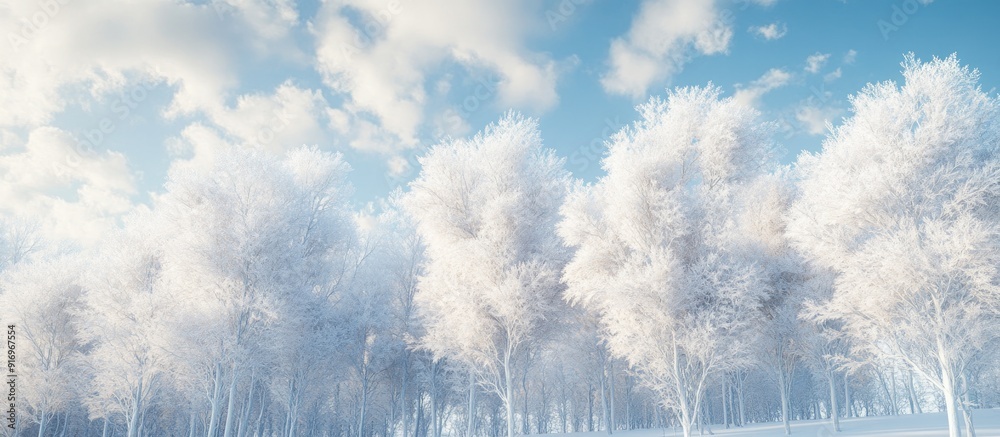 Poster Winter trees covered in white rime A naturally beautiful backdrop featuring frosted trees in winter. with copy space image. Place for adding text or design