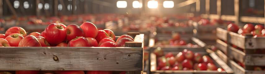 Red apples harvested in wooden boxes in a warehouse. Natural organic fruit abundance. Healthy and natural food storing and shipping concept.