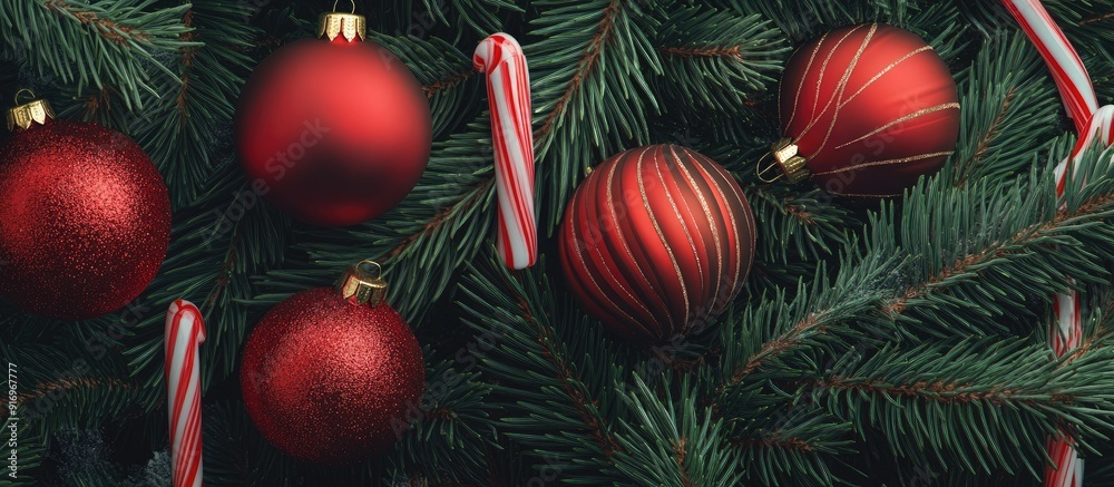 Aufkleber Craft background featuring a close up of a Christmas tree and ornaments Empty space for text Red Christmas ornaments spruce branches and cane shaped candies Christmas themed background