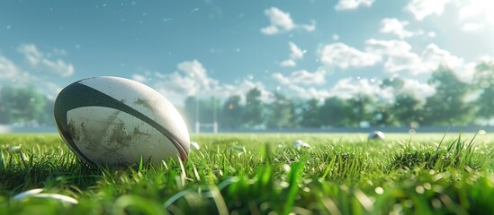 White rugby ball on grass with copy space in slow motion Digitally generated image of rugby sport international competition and games