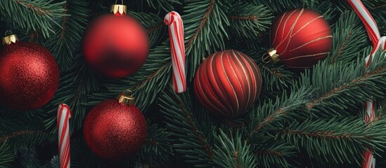 Craft background featuring a close up of a Christmas tree and ornaments Empty space for text Red Christmas ornaments spruce branches and cane shaped candies Christmas themed background
