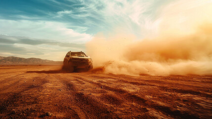 A car is driving through a dusty desert