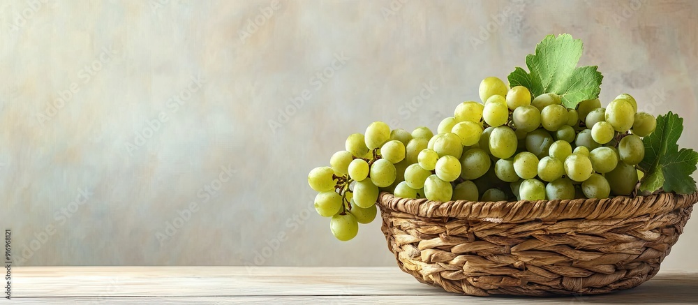 Aufkleber green autumn ripe grapes in a basket on a pale wooden table. with copy space image. place for adding