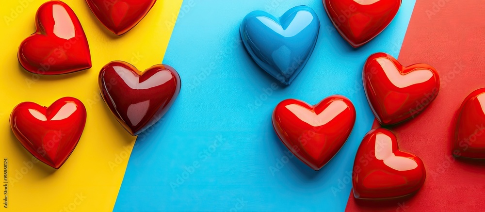 Leinwandbilder Top view arrangement of red hearts on a colorful backdrop Concept of romantic relationships Valentine s Day. with copy space image. Place for adding text or design