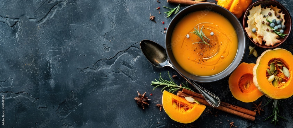 Poster squash soup served in a pumpkin bowl on a grey textured backdrop with copy space top view image of a