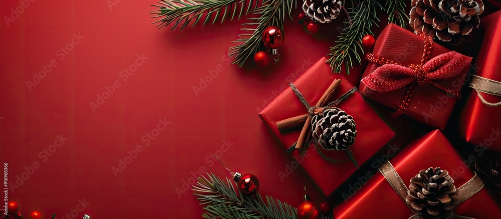 Poster gifts fir cones and red decorations arranged flat on a red background from a top view providing copy