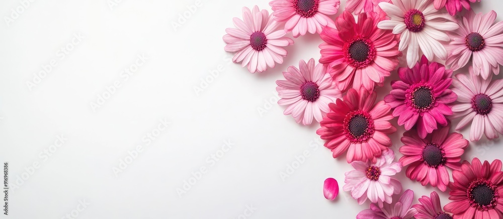 Fototapete Flat lay arrangement featuring blooming daisies with text space on a white background Spring flowers. with copy space image. Place for adding text or design
