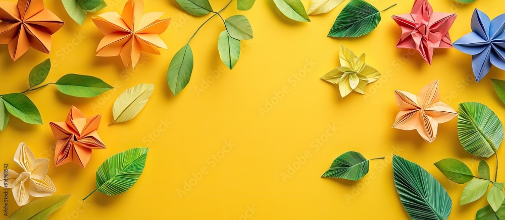 Aufkleber vibrant origami flowers accompanied by leaves on a yellow backdrop. with copy space image. place for