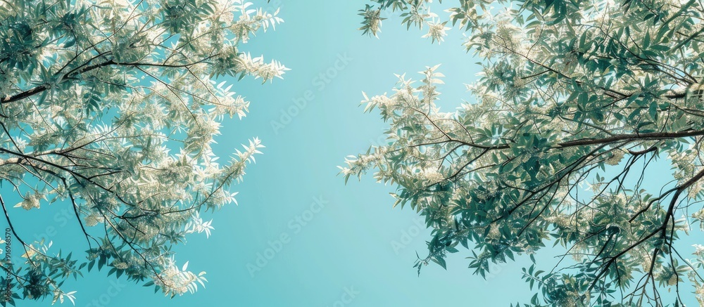 Leinwandbilder directly beneath the trees with lush foliage set against a blue sky backdrop. with copy space image. Place for adding text or design