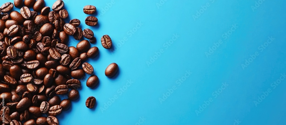 Fototapete blue backdrop and coffee beans. with copy space image. place for adding text or design