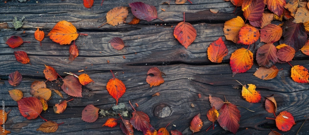 Aufkleber fallen autumn foliage and leaves on weathered wood. with copy space image. place for adding text or 