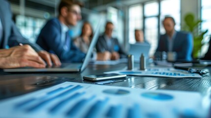A business meeting with professionals discussing financial data on a laptop. The scene is collaborative and detailed, highlighting teamwork and strategic planning.