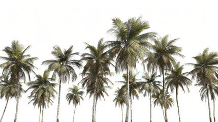 Obraz premium Coconut trees sway gently against a pristine white background, evoking the tranquil ambiance of a tropical beach.