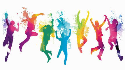 Colorful silhouettes of people dancing expressively. They represent different dance styles like jazz funk, hip hop, and house dance. A man is leaping in the air against a white background, celebrating