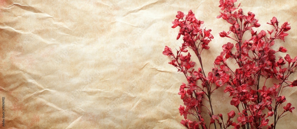 Poster textured vintage paper background featuring red valerian. with copy space image. Place for adding text or design