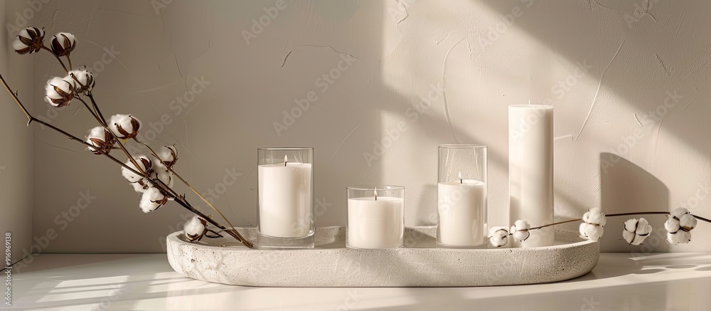 Poster minimalistic presentation with a concrete tray holding white candles in glass jars paired with delic