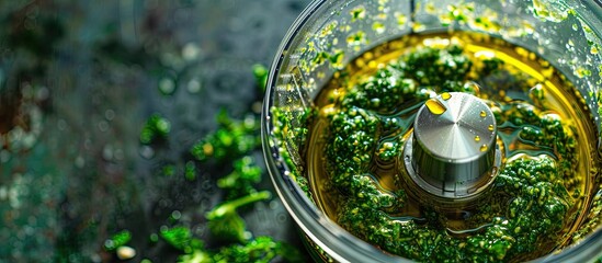 Ingredients for a green vegan pesto are being mixed in a food processor with olive oil filling the frame in the copy space image - Powered by Adobe