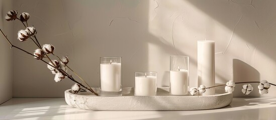 Minimalistic presentation with a concrete tray holding white candles in glass jars paired with delicate cotton flowers suitable for a mockup with ample copy space image