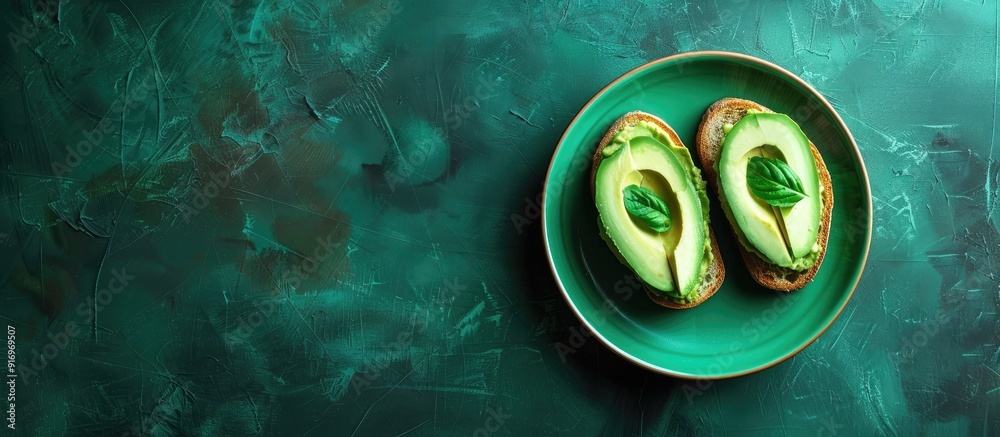 Aufkleber Top view of two avocado toast slices on a dark background displayed on a turquoise plate providing copy space image