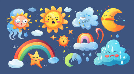 Obraz premium Cute weather characters like clouds, sun, and moon with happy and angry faces. Also, rainbow, wind, and tornado are shown as characters.