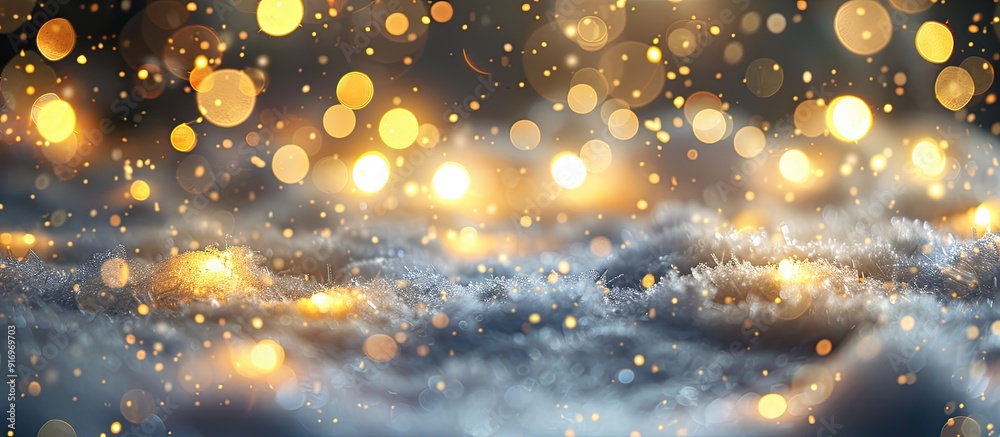 Poster winter postcard for merry christmas and new year featuring yellow bokeh lights and snow with a blank