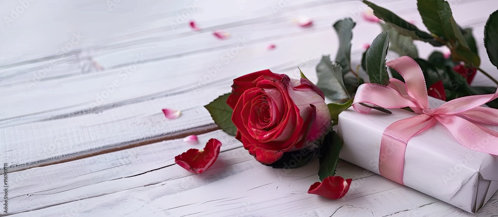 Poster love and valentine s concept depicted in an image showing a red and pink rose with a gift box on a w