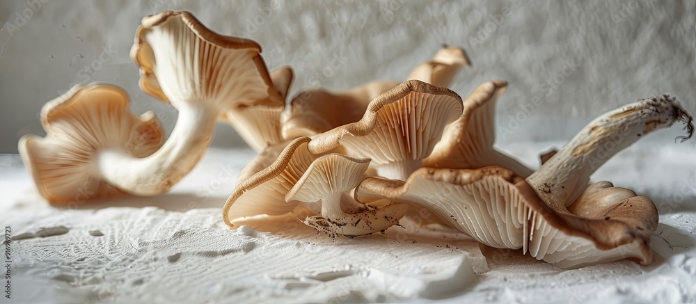Poster mushrooms dried out displayed on a white backdrop providing copy space image