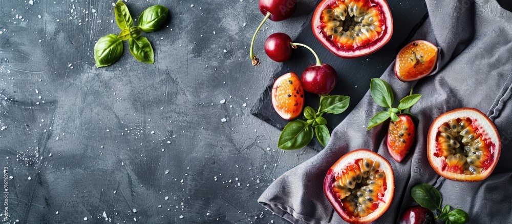 Poster passion fruit berry dessert on a gray concrete surface with a kitchen towel emphasizing the recipe a