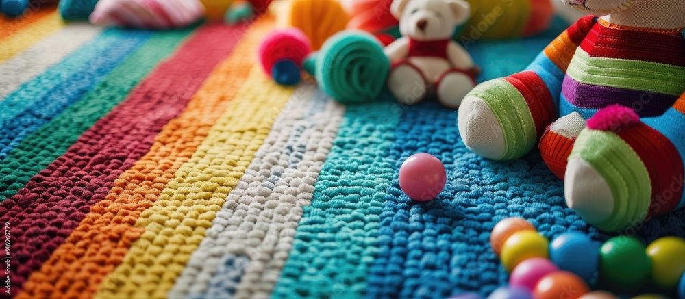 Aufkleber Toys for children displayed on a colorful carpet with copy space image