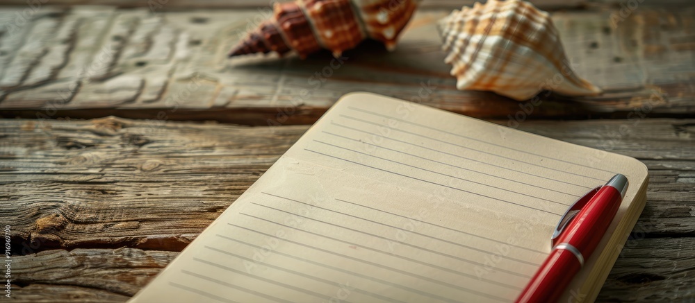 Poster on a wooden table there is a paper notebook a seashell and a red pen with room for additional images