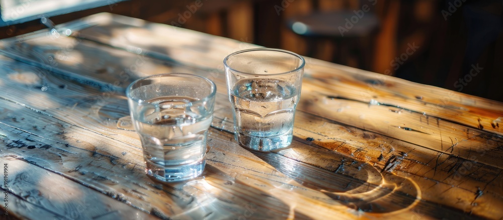 Poster On a wooden table inside there are two glasses of water with a copy space image