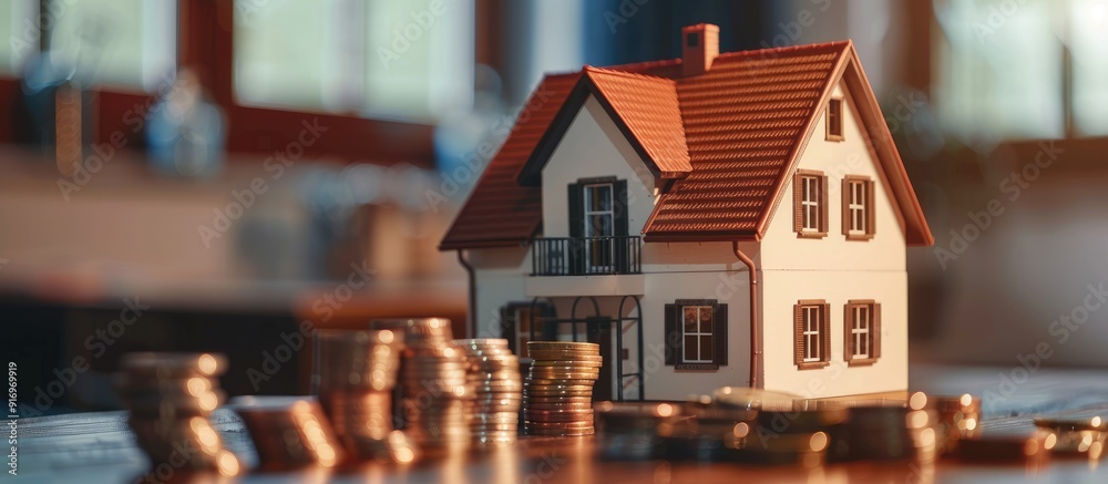 Aufkleber House model and row of coins symbolizing finance and banking with copy space image