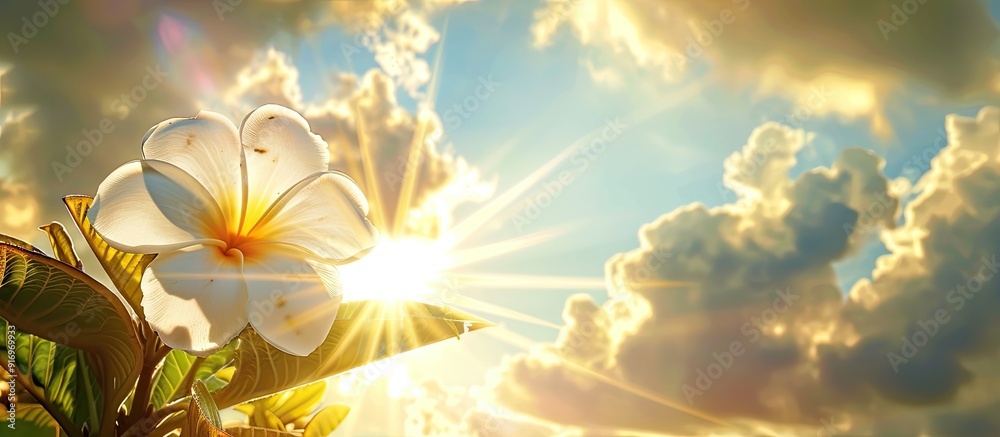 Poster stunning flower leaf against a bright sky with sun rays suitable for use as a copy space image