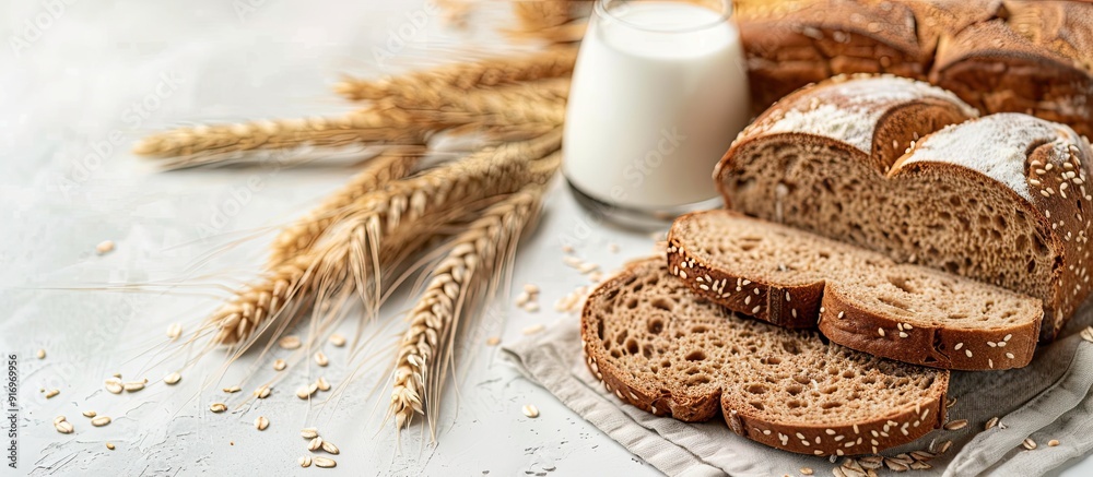 Poster healthy food concept with a glass of milk and whole wheat bread on white background for text placeme