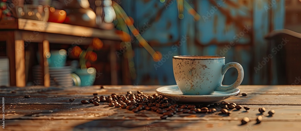 Sticker Vintage themed coffee break scene featuring a coffee cup beans and a simple table perfect for a copy space image